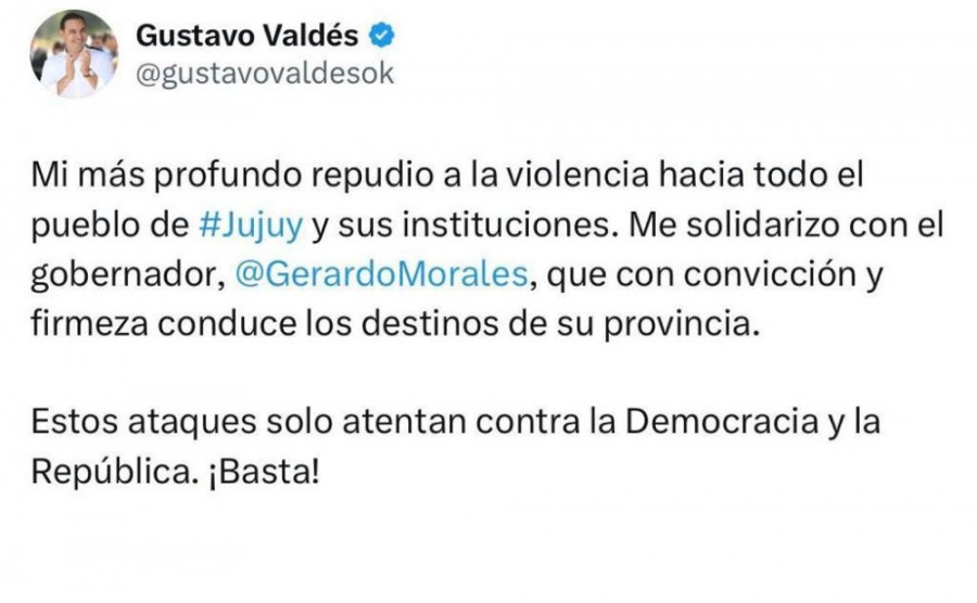 Valdés repudió la violencia en Jujuy y se solidarizó con su par Morales