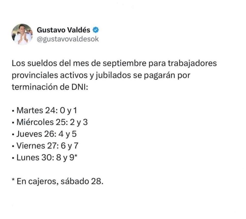 Valdés anunció para este martes el inicio del cronograma de pago